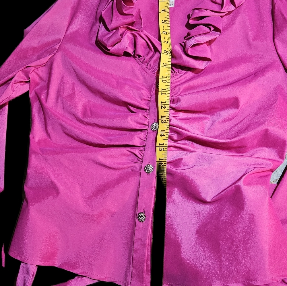 Joseph Ribkoff, Pink Ruffle Button Down Blouse.Bling Buttons.Long Sleeve, Sz 14 - Picture 4 of 12